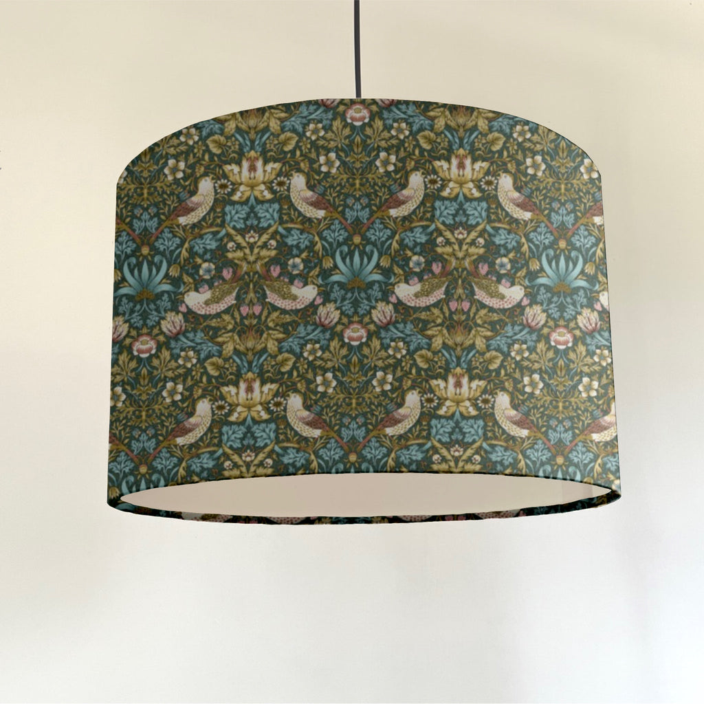 William Morris Teal strawberry thief cotton drum lampshade/ ceiling shade with a white lining