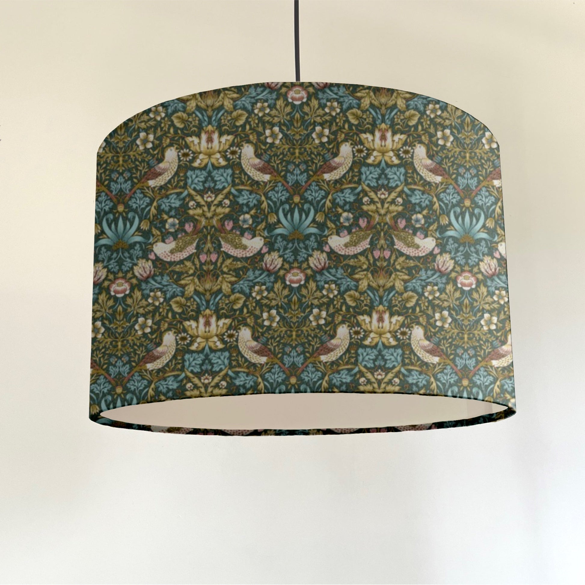 William Morris Teal strawberry thief cotton drum lampshade/ ceiling shade with a white lining