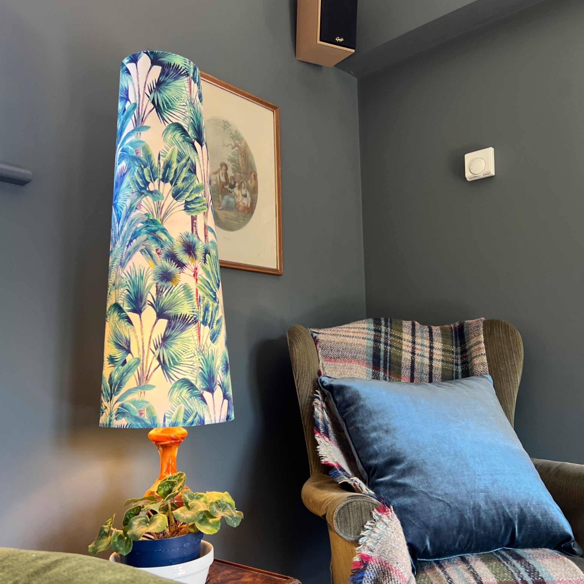 Tropical palm leaves velvet cone lampshade, extra tall lampshade