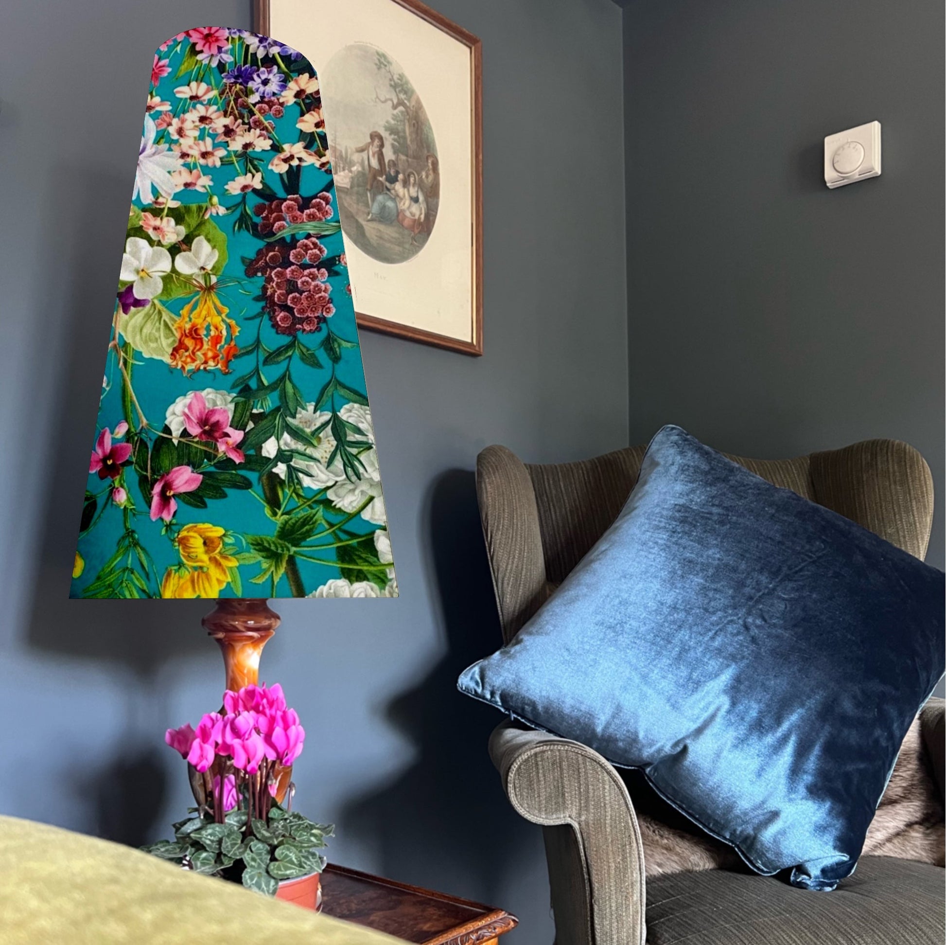 Teal flowers Velvet cone lampshade, extra tall lampshade
