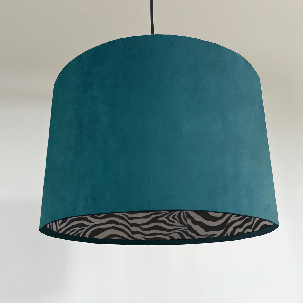 Teal velvet drum lampshade/ ceiling light shade with zebra print cotton interior