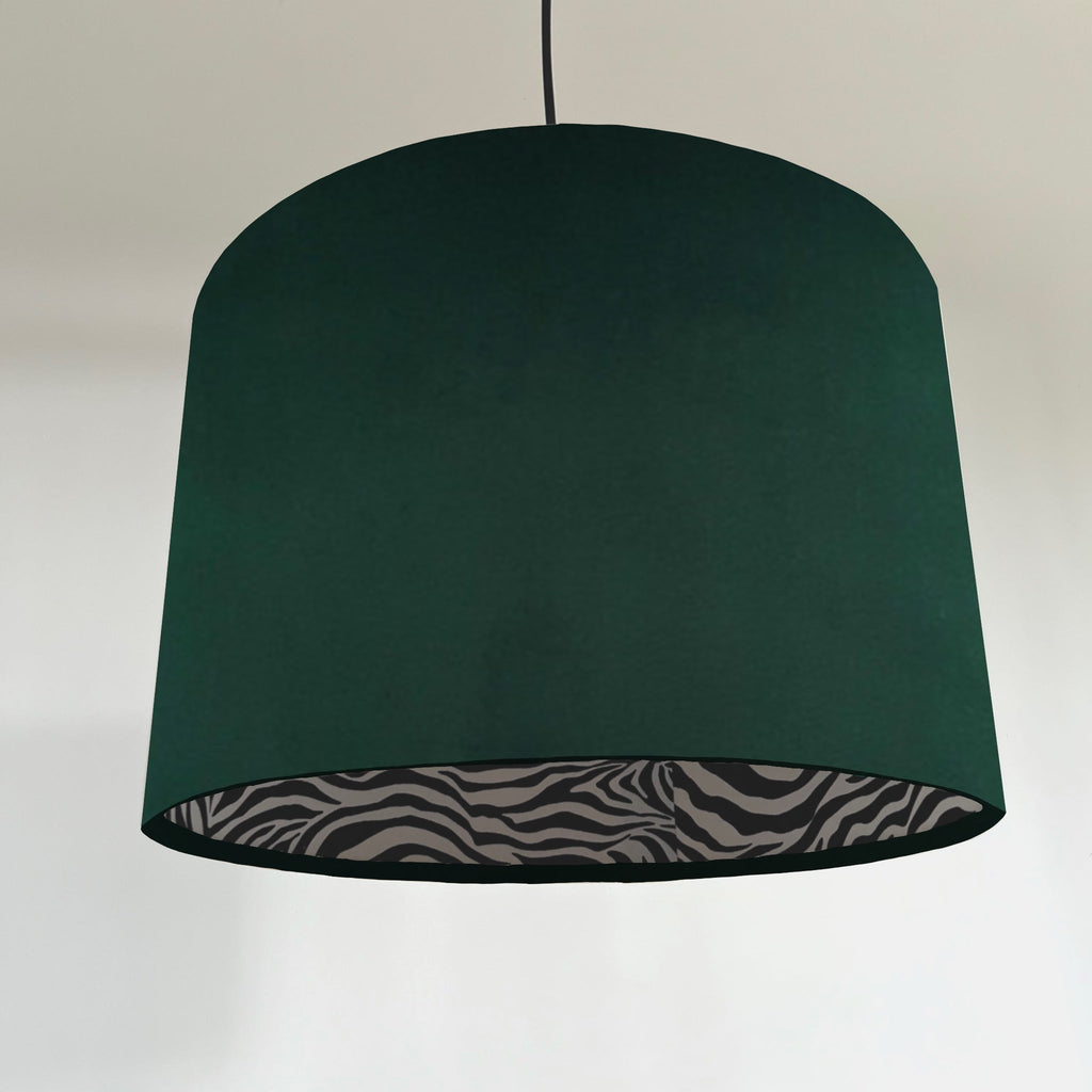 Green velvet drum lampshade/ ceiling light shade with zebra print cotton interior