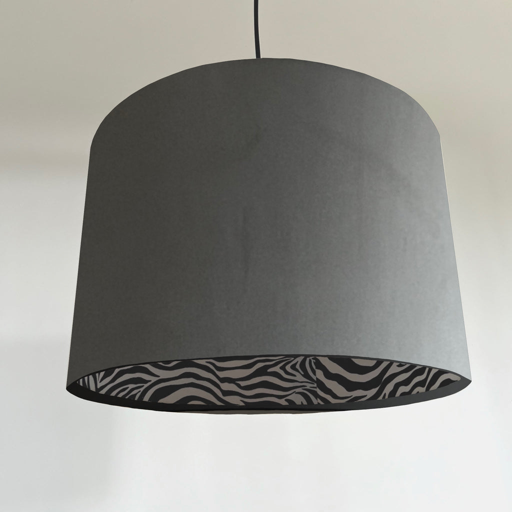 Grey velvet drum lampshade/ ceiling light shade with zebra print cotton interior