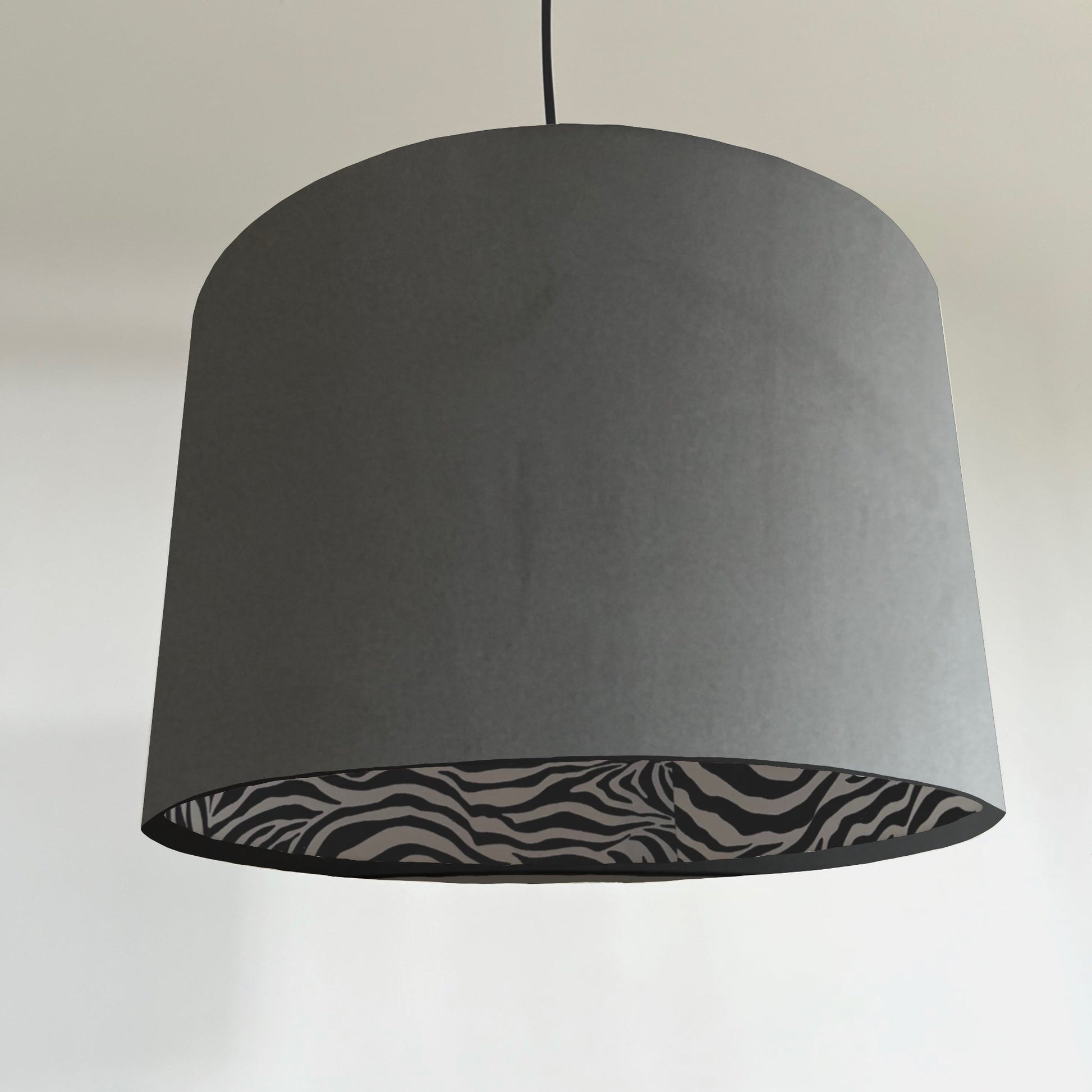 Grey velvet drum lampshade/ ceiling light shade with zebra print cotton interior