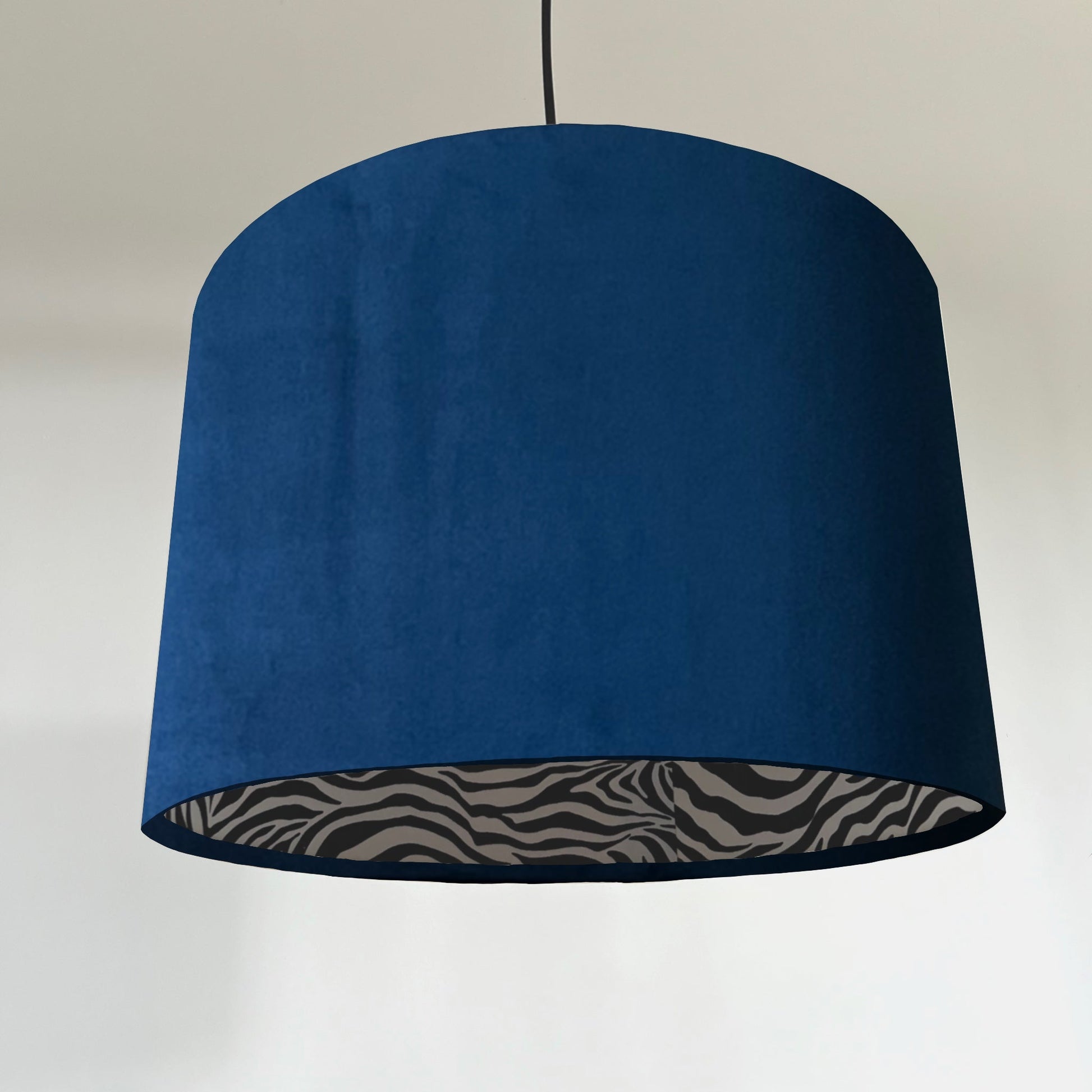 Navy velvet drum lampshade/ ceiling light shade with zebra print cotton interior