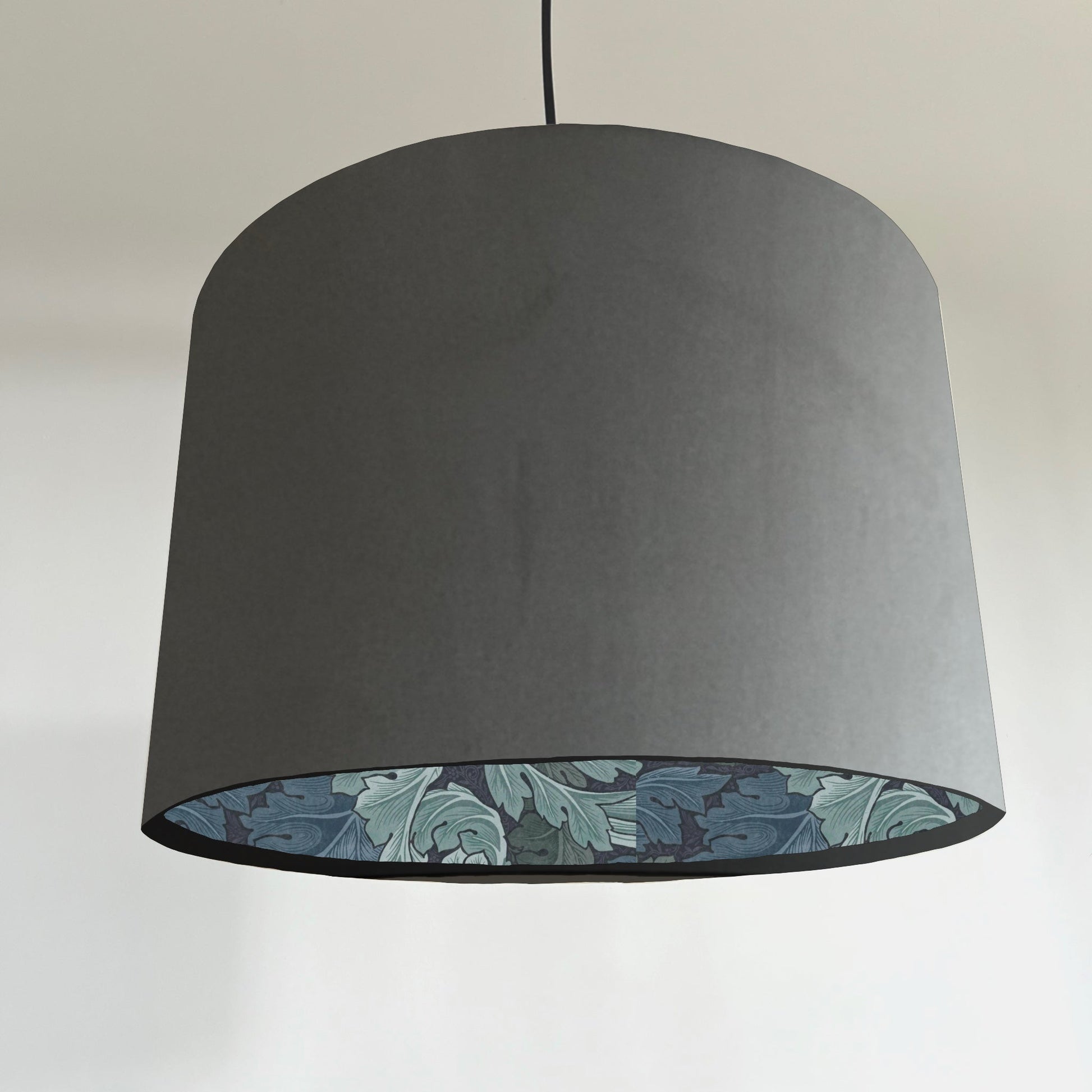 Grey velvet drum lampshade/ ceiling light shade with blue leaves paper interior