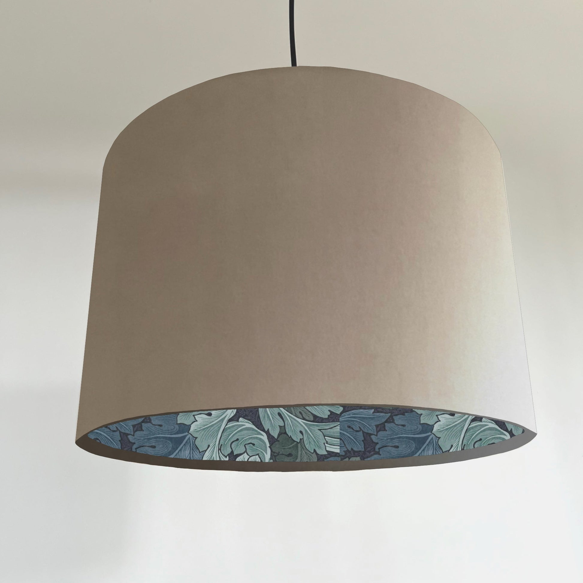 Cream velvet drum lampshade/ ceiling light shade with blue leaves paper interior