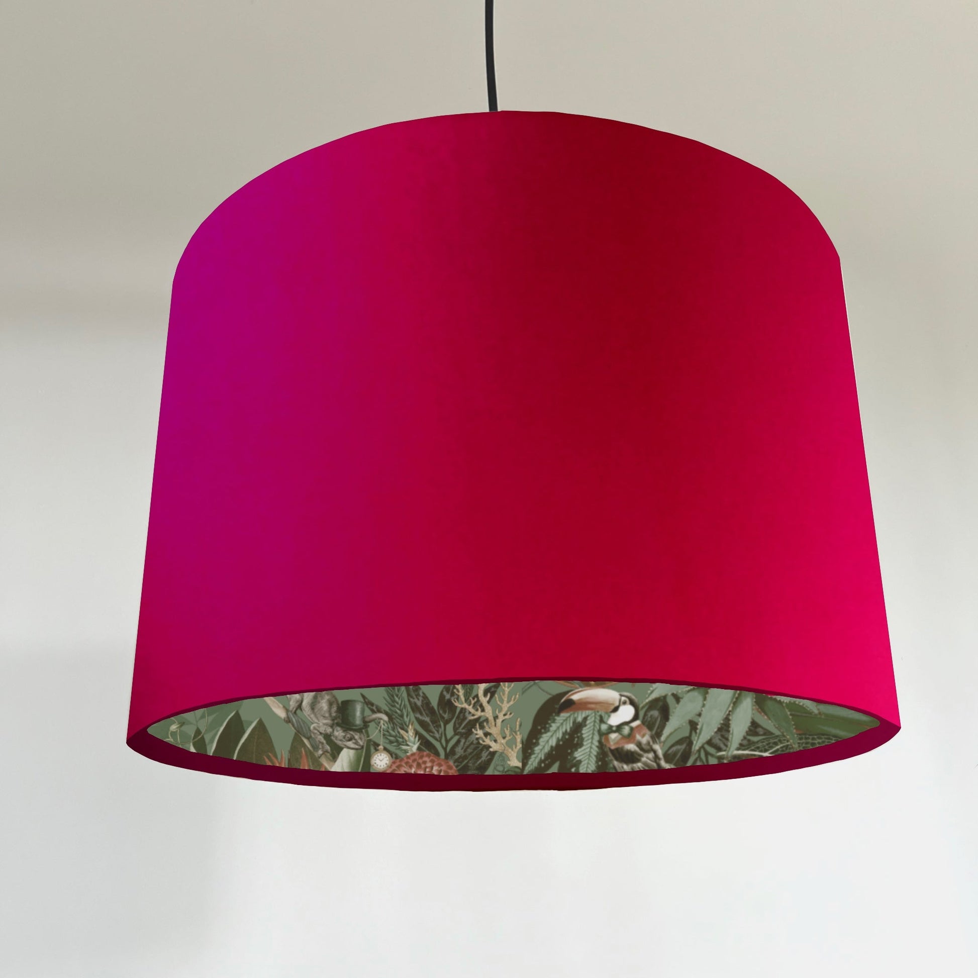 Cerise pink velvet wonderland drum lampshade, double sided lampshade with sage wonderland paper on interior