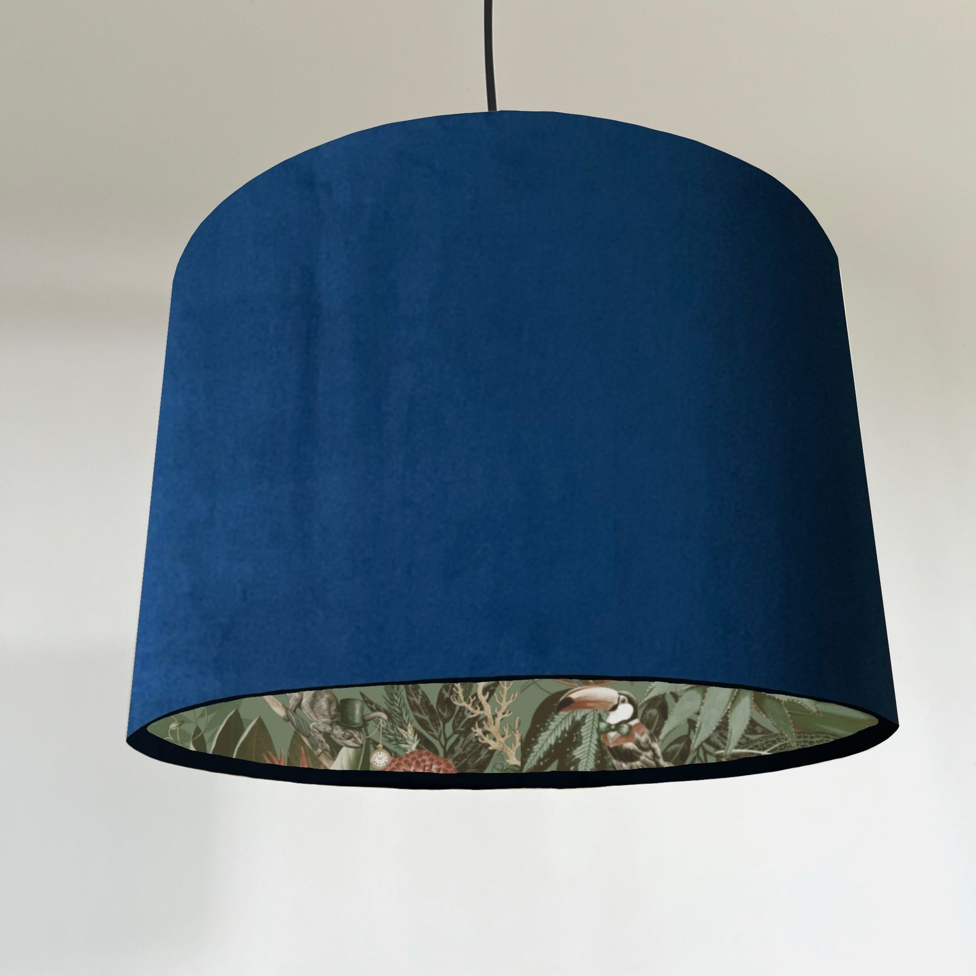 Navy velvet wonderland drum lampshade, double sided lampshade with sage wonderland paper interior