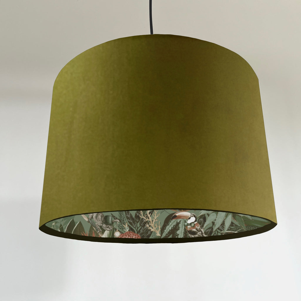 Olive green velvet wonderland drum lampshade, double sided lampshade with sage wonderland paper interior