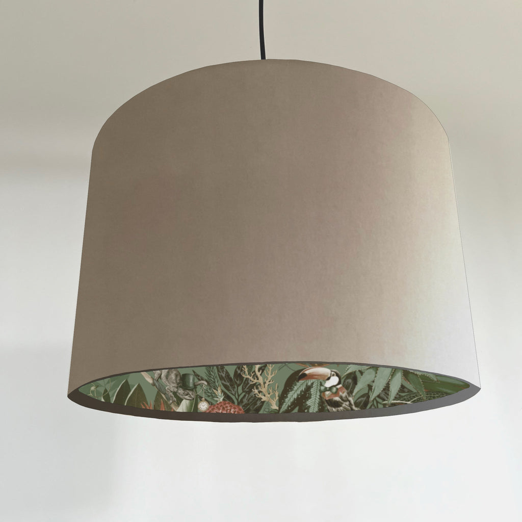 Cream velvet wonderland drum lampshade, double sided lampshade with sage wonderland paper on interior