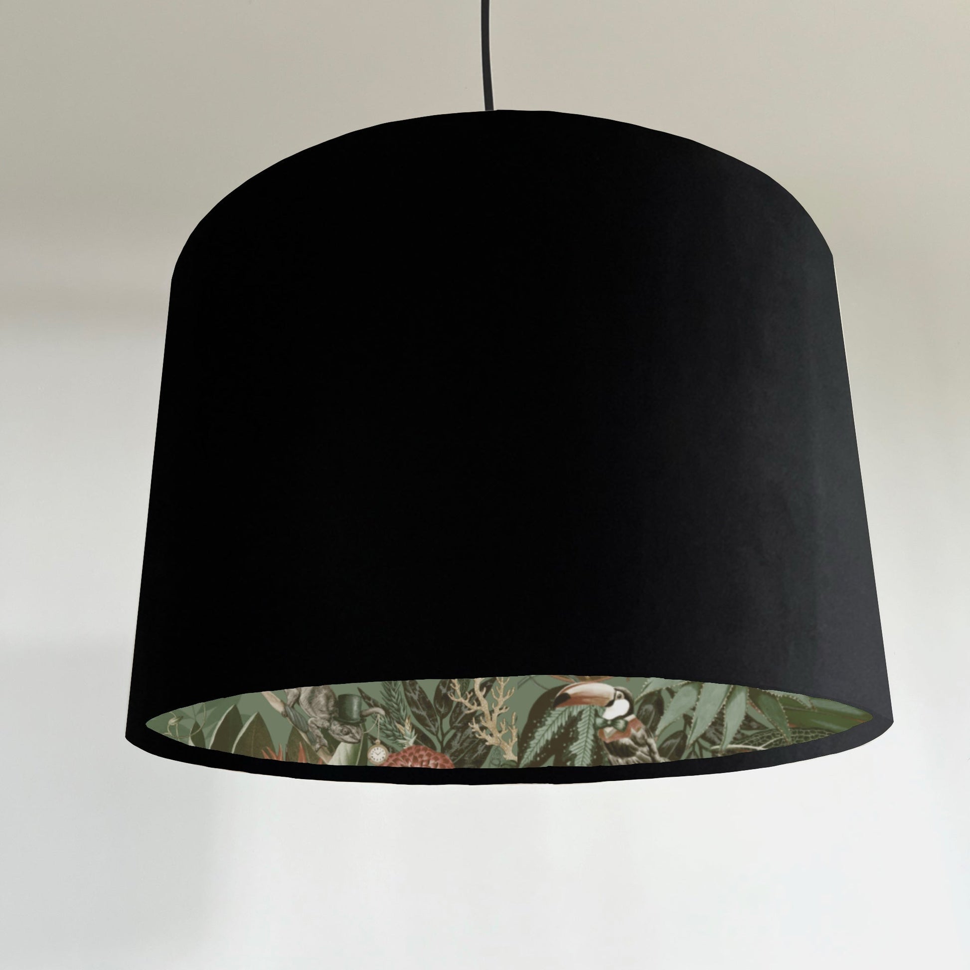 Black velvet drum lampshade/ ceiling light shade with sage wonderland paper interior