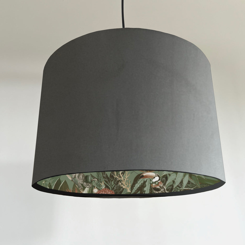 Grey velvet wonderland drum lampshade, double sided lampshade with sage wonderland paper on interior