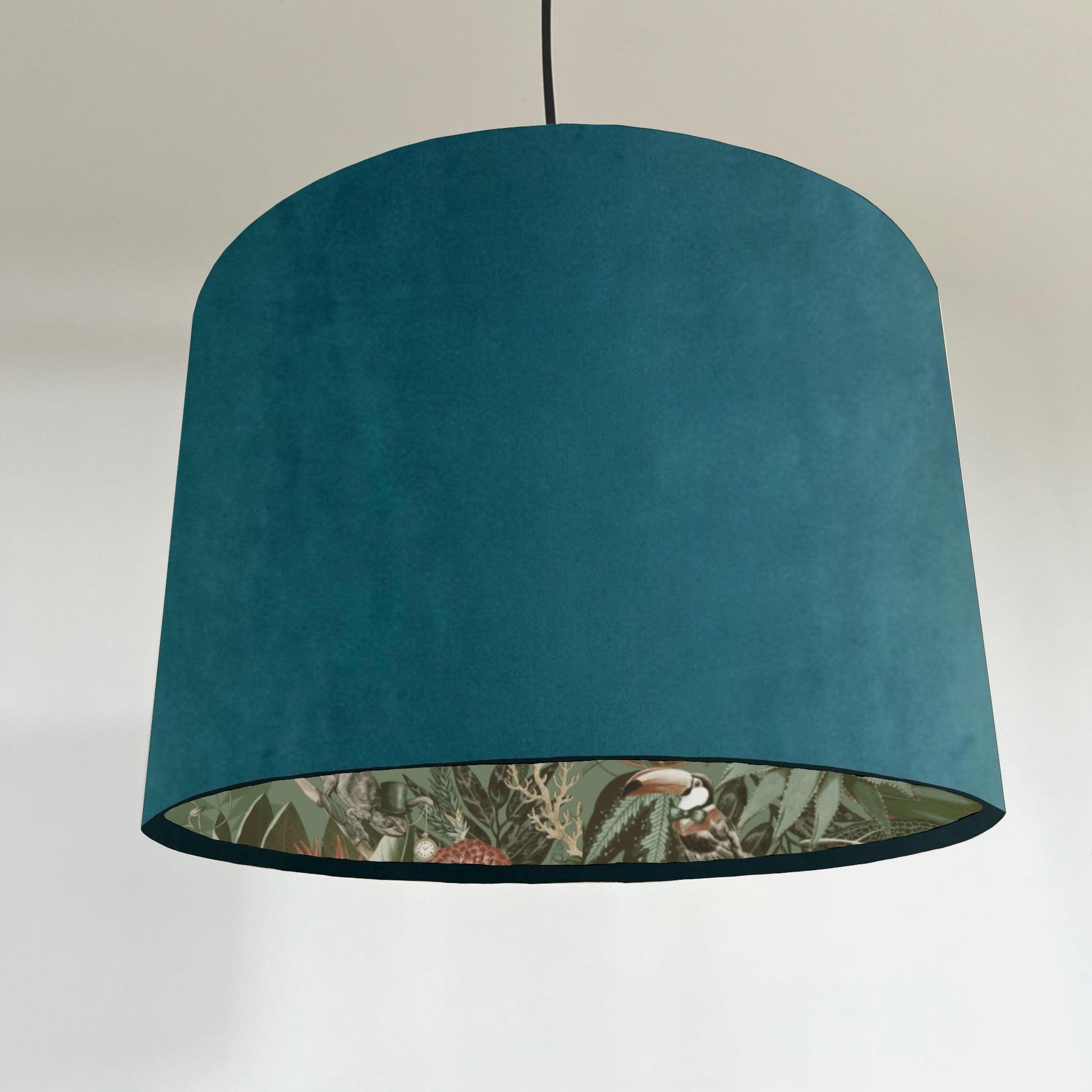 Teal velvet wonderland drum lampshade, double sided lampshade with sage wonderland paper interior