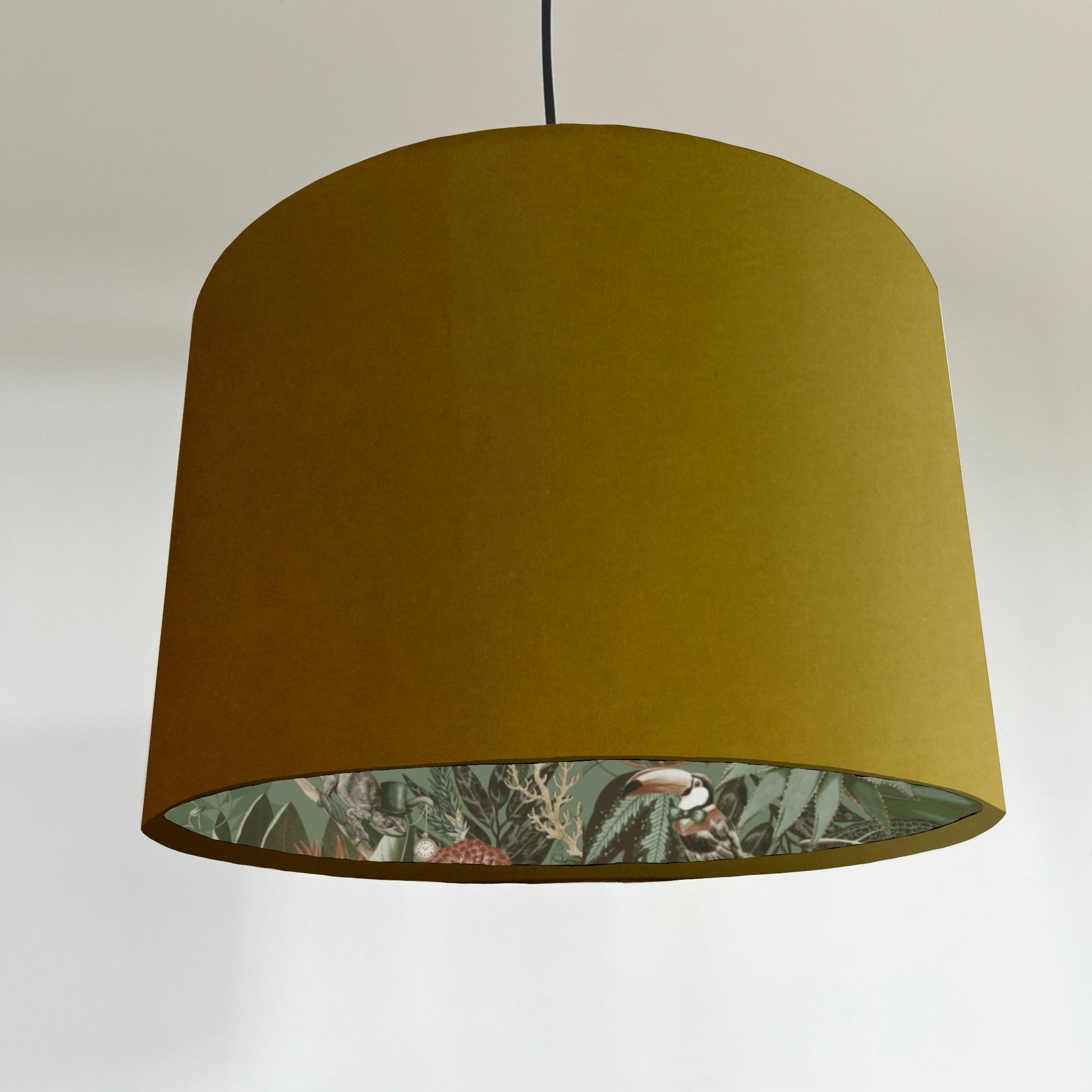 Mustard velvet wonderland drum lampshade, double sided lampshade with sage wonderland paper on interior