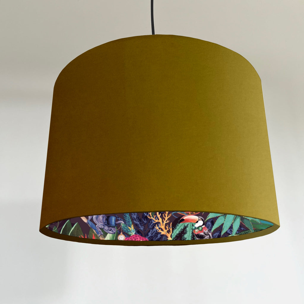 Mustard velvet drum lampshade/ ceiling light shade with wonderland paper interior