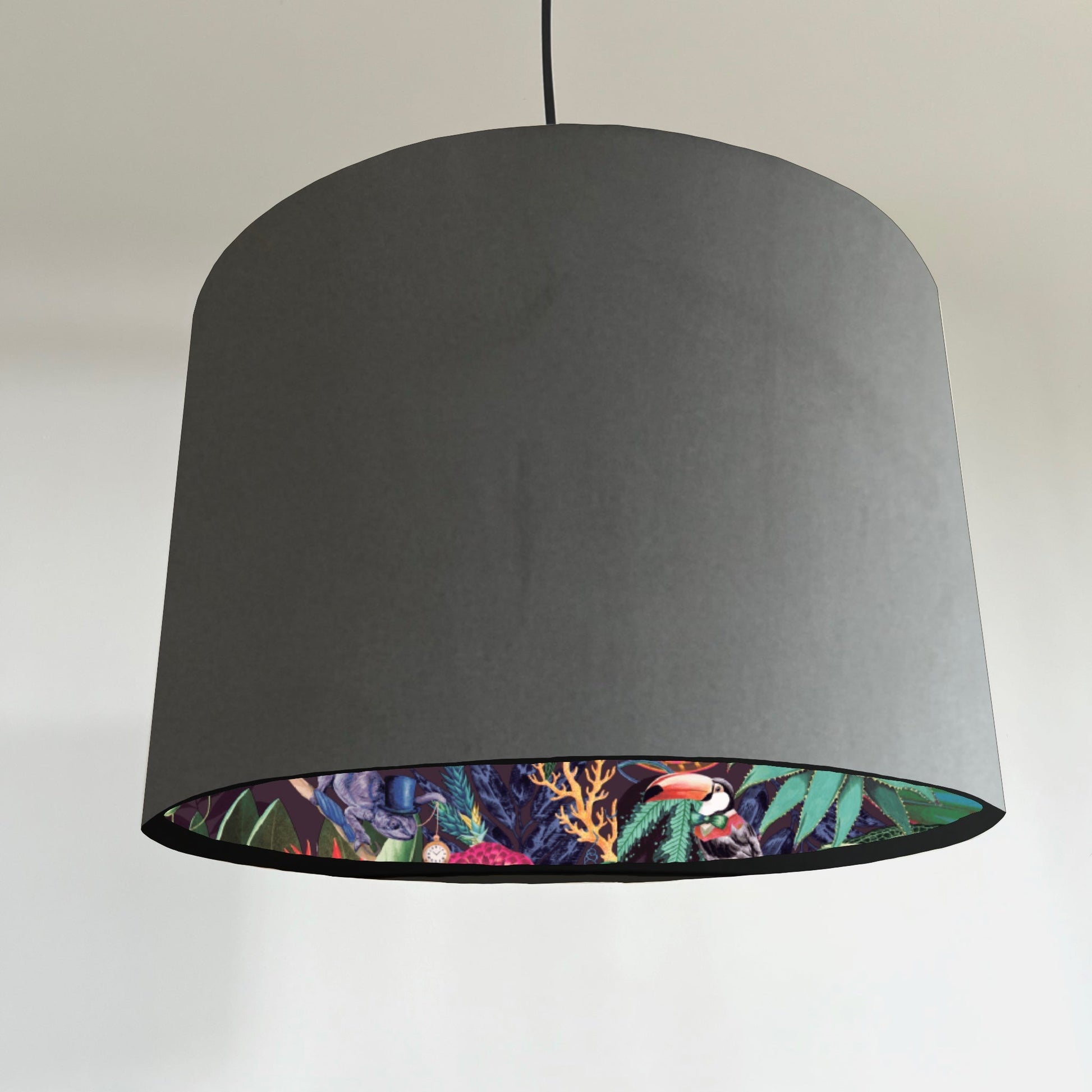Grey velvet drum lampshade/ ceiling light shade with wonderland paper interior