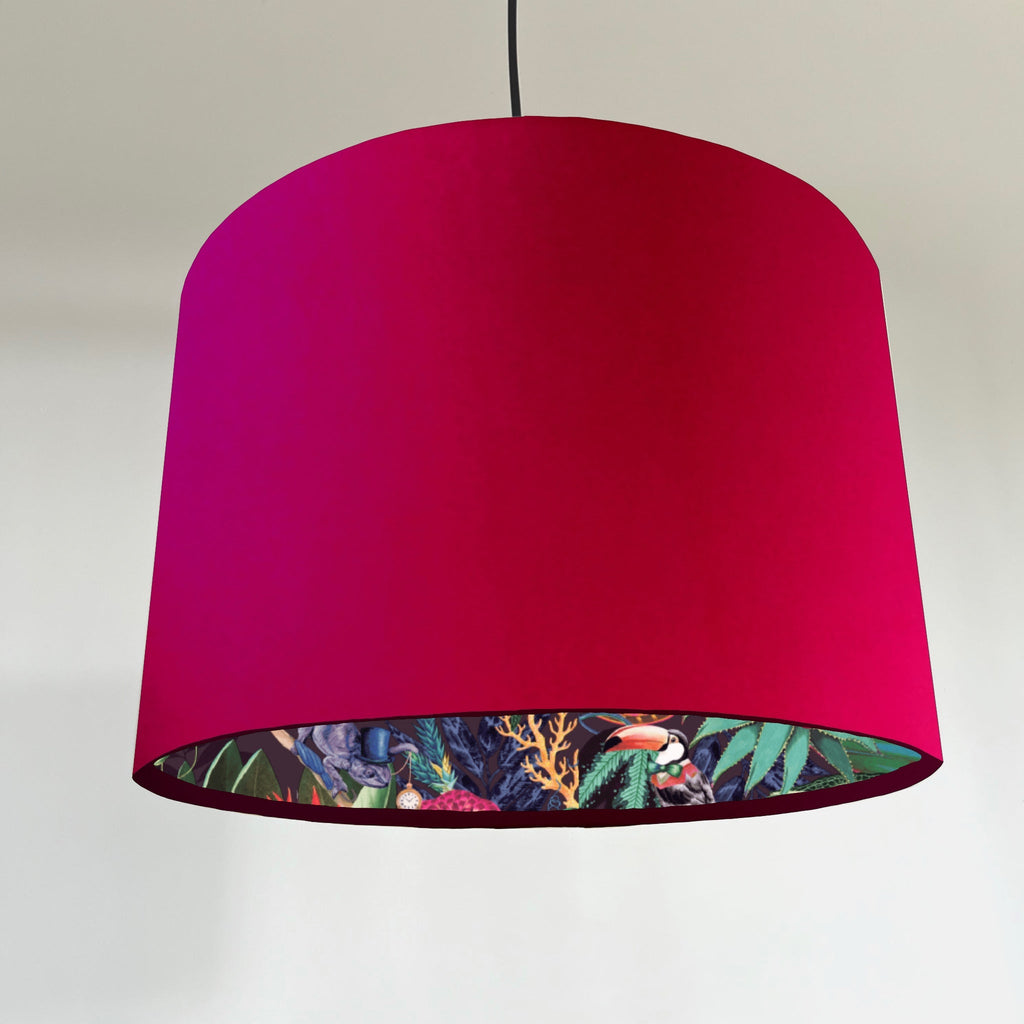 Cerise pink velvet drum lampshade/ ceiling light shade with wonderland paper interior