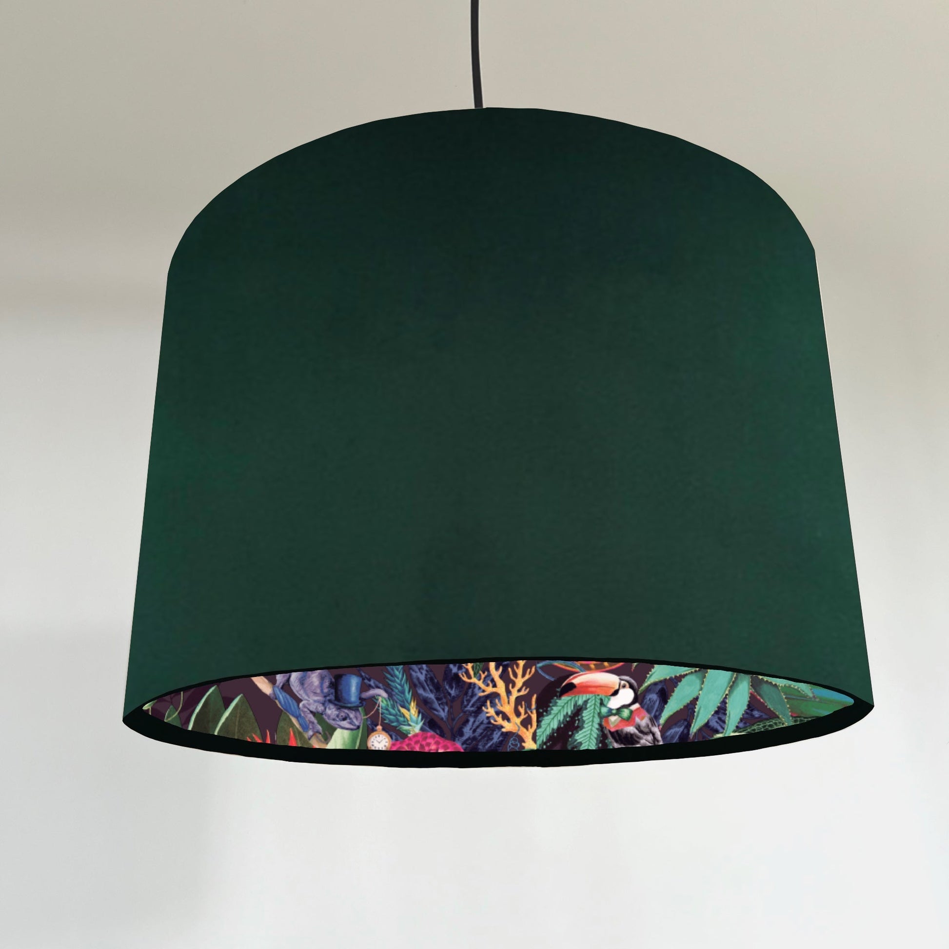 Green velvet drum lampshade/ ceiling light shade with wonderland paper interior