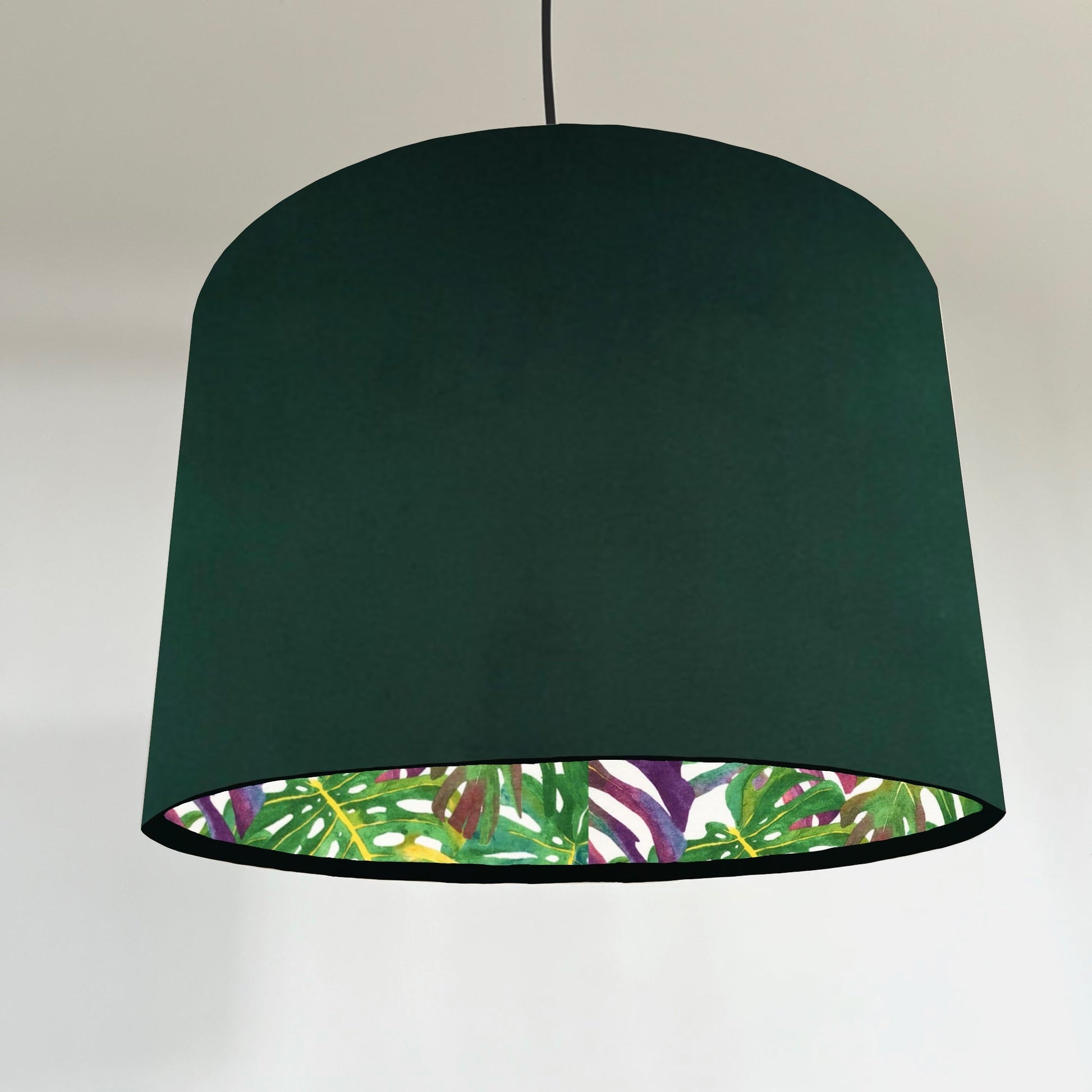 Green velvet drum lampshade/ ceiling light shade with multicoloured leaves interior