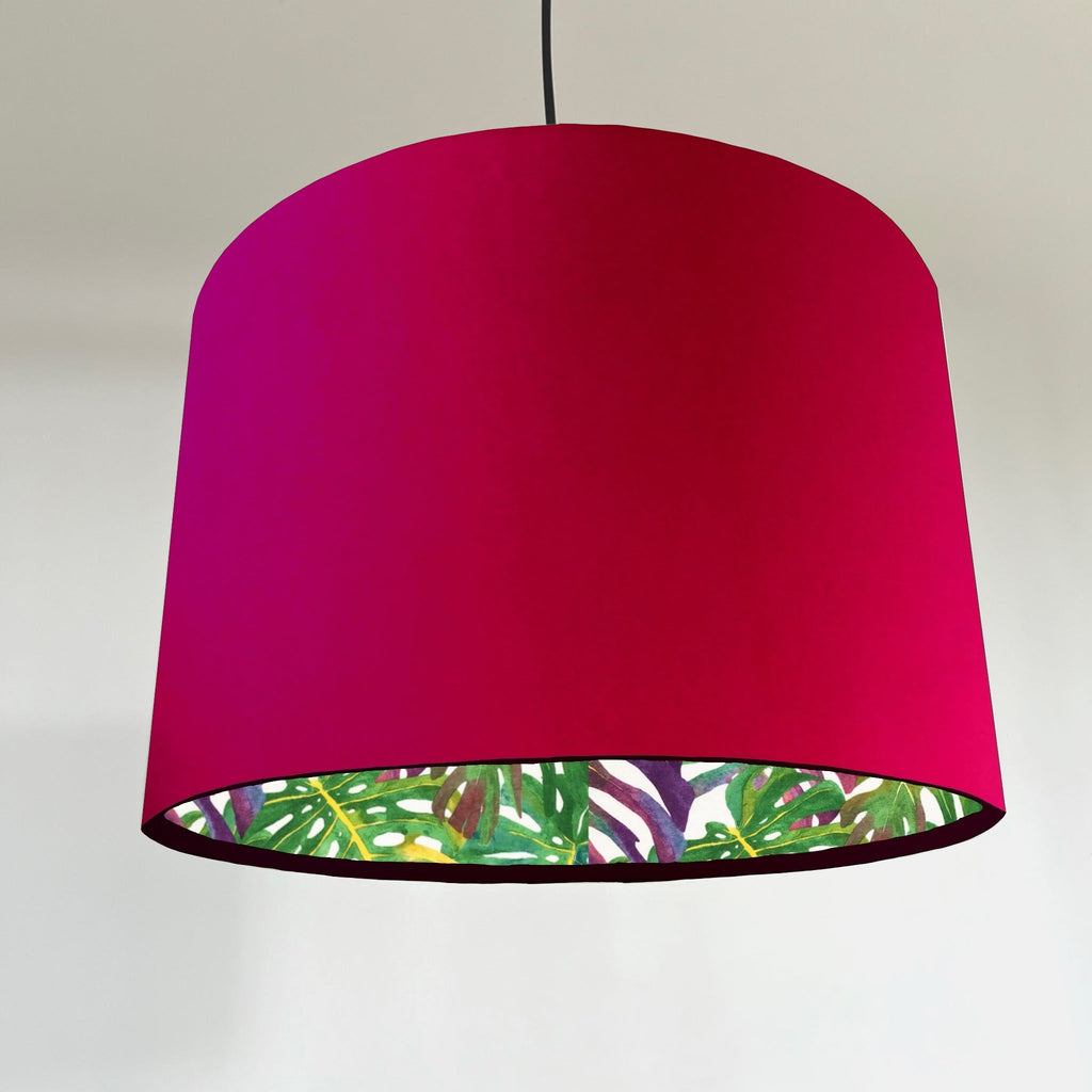 Cerise pink velvet drum lampshade/ ceiling light shade with multicoloured leaves interior