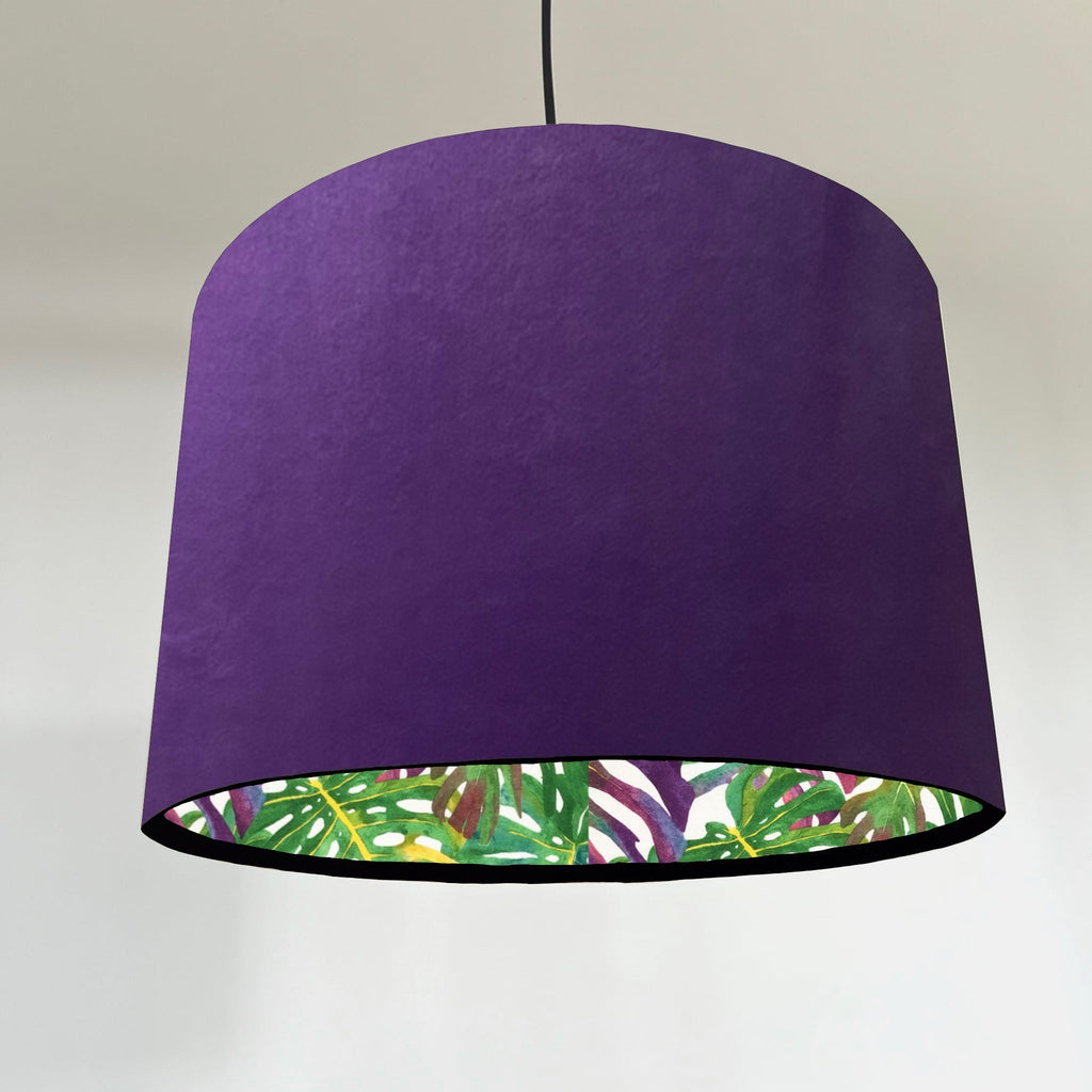 Purple velvet drum lampshade/ ceiling light shade with multicoloured leaves interior
