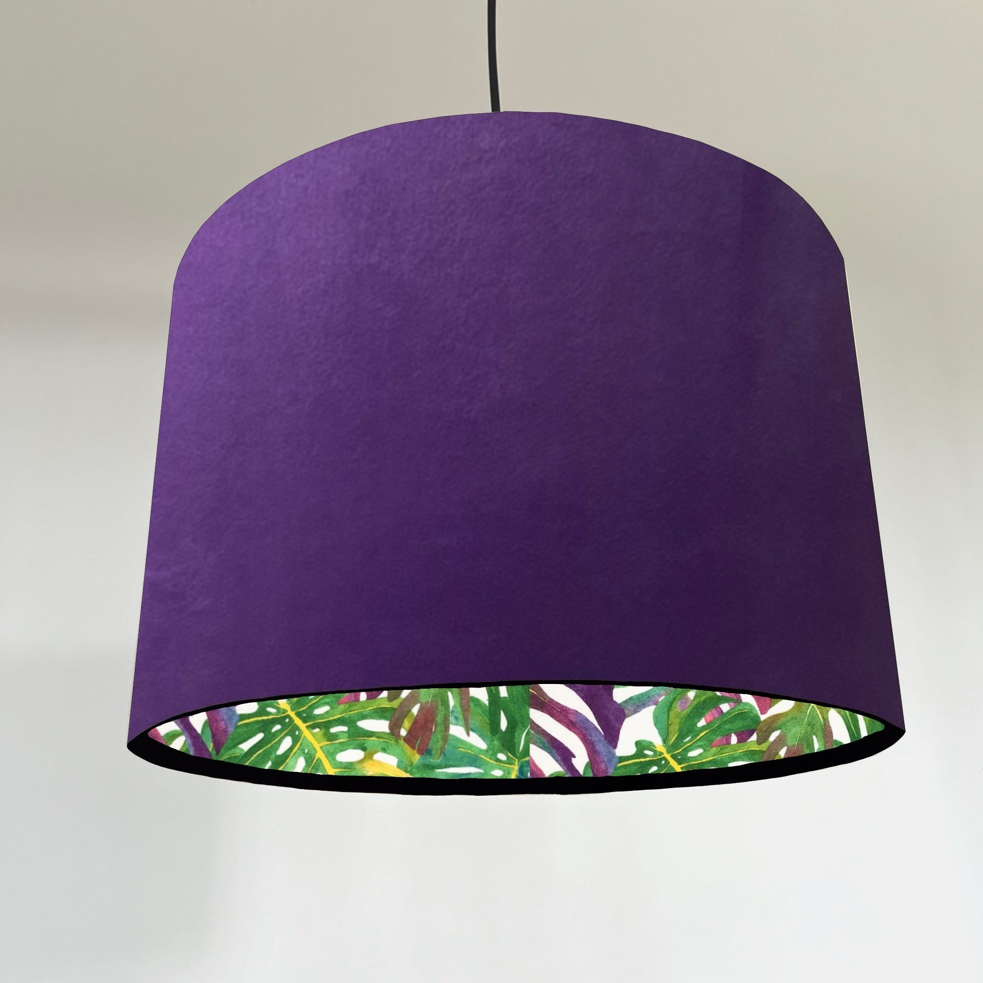 Purple velvet drum lampshade/ ceiling light shade with multicoloured leaves interior