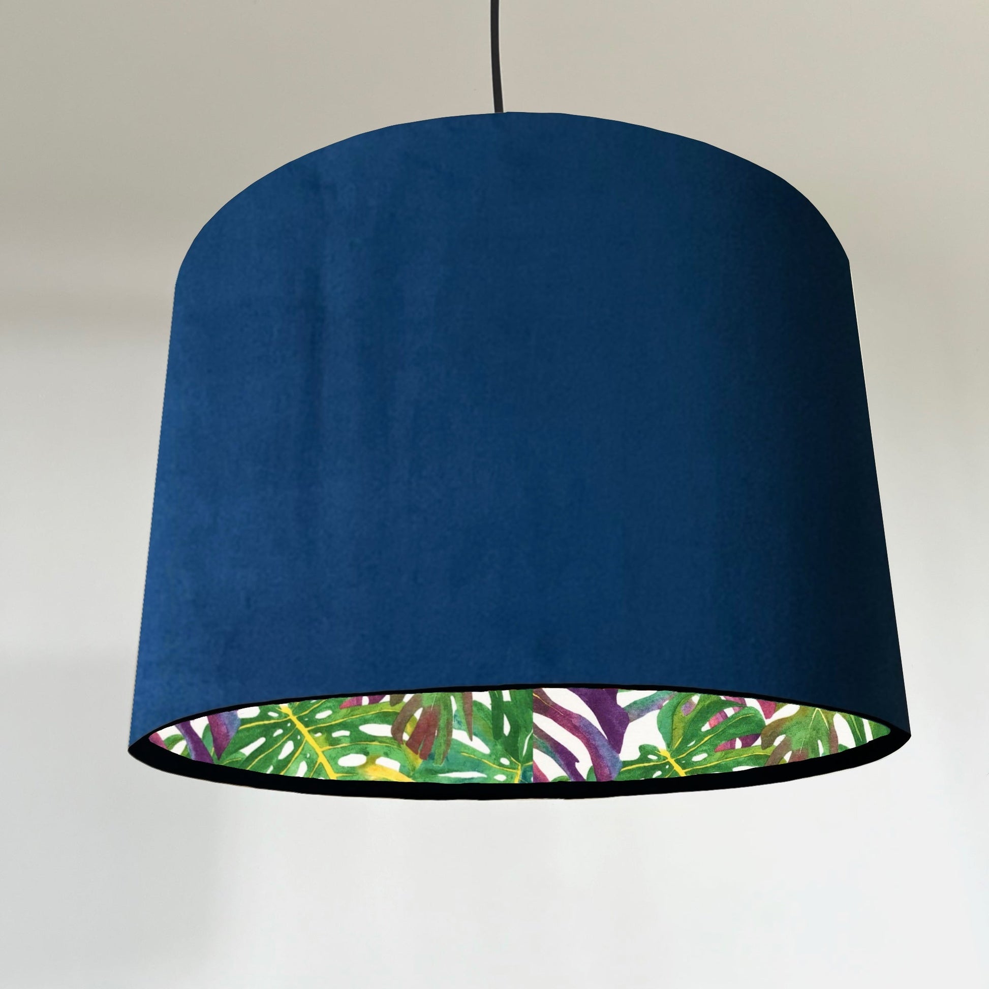 Navy velvet drum lampshade/ ceiling light shade with multicoloured leaves interior