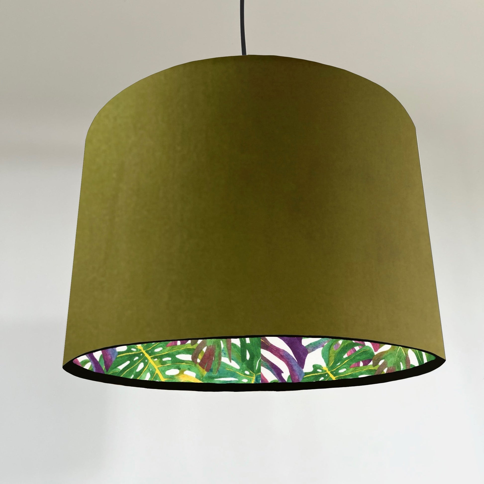 Olive velvet drum lampshade/ ceiling light shade with multicoloured leaves interior