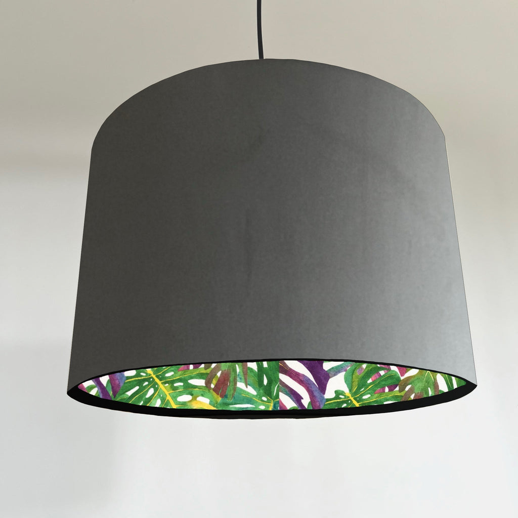 Grey velvet drum lampshade/ ceiling light shade with multicoloured leaves interior