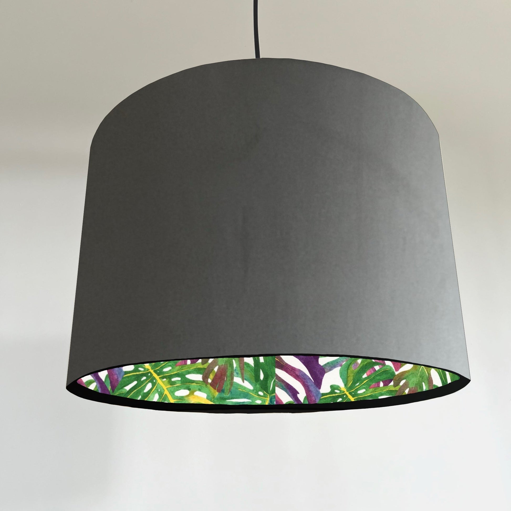 Grey velvet drum lampshade/ ceiling light shade with multicoloured leaves interior