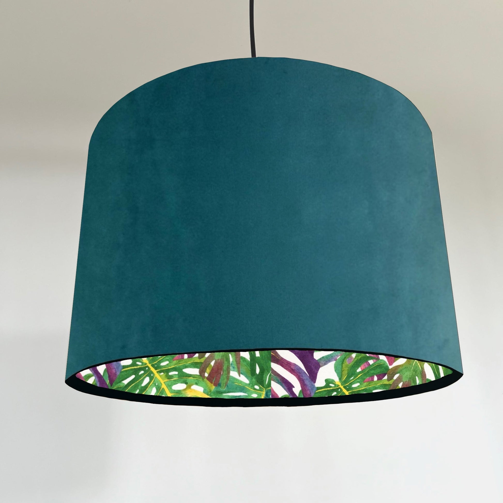 Teal velvet drum lampshade/ ceiling light shade with multicoloured leaves interior