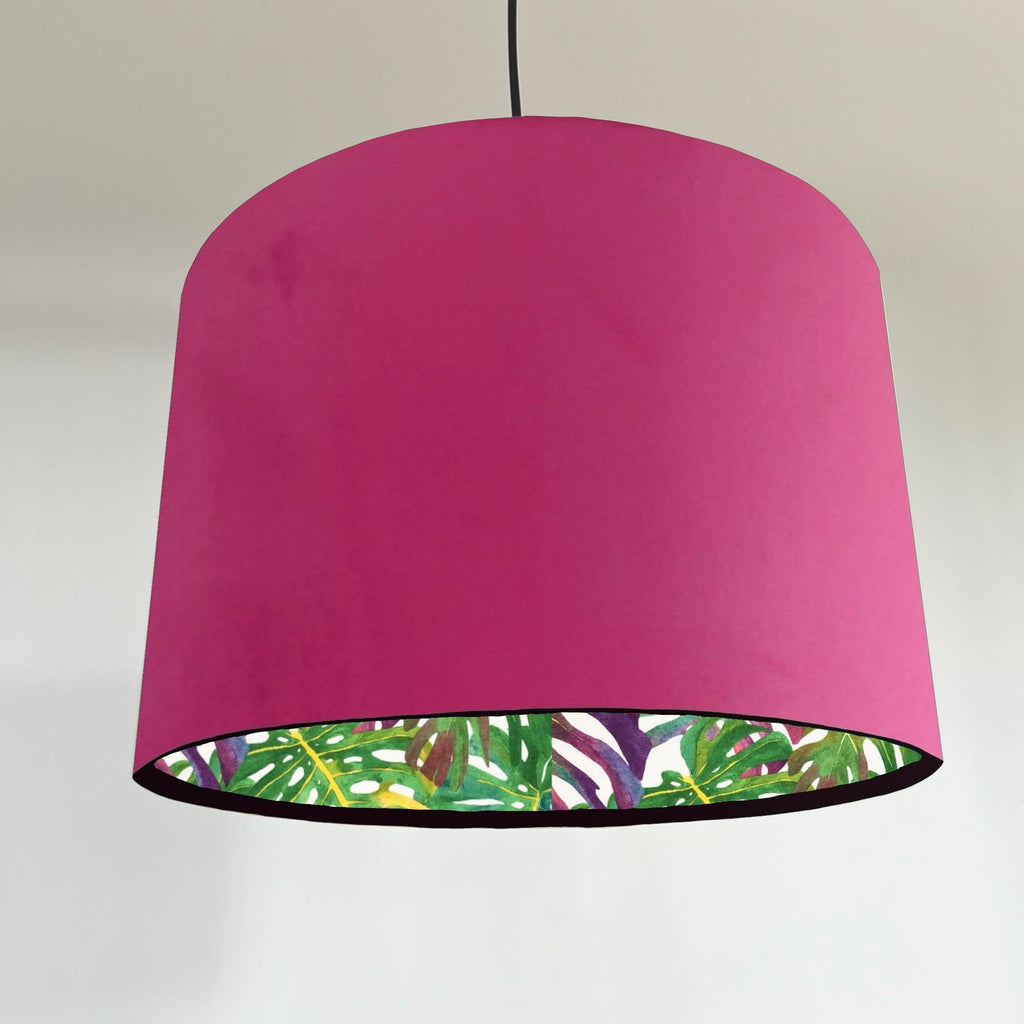 Hot Pink velvet drum lampshade/ ceiling light shade with multicoloured leaves interior