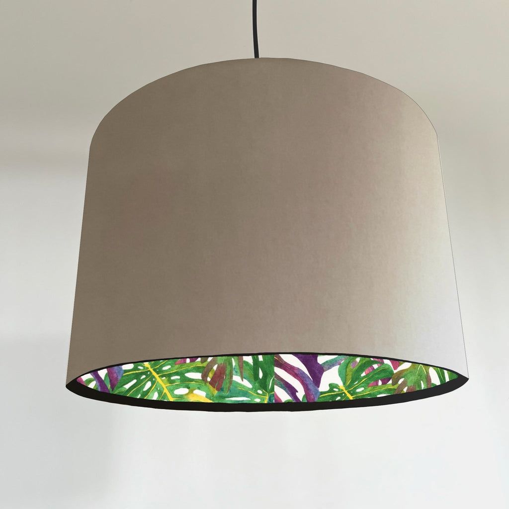 Cream velvet drum lampshade/ ceiling light shade with multicoloured leaves interior