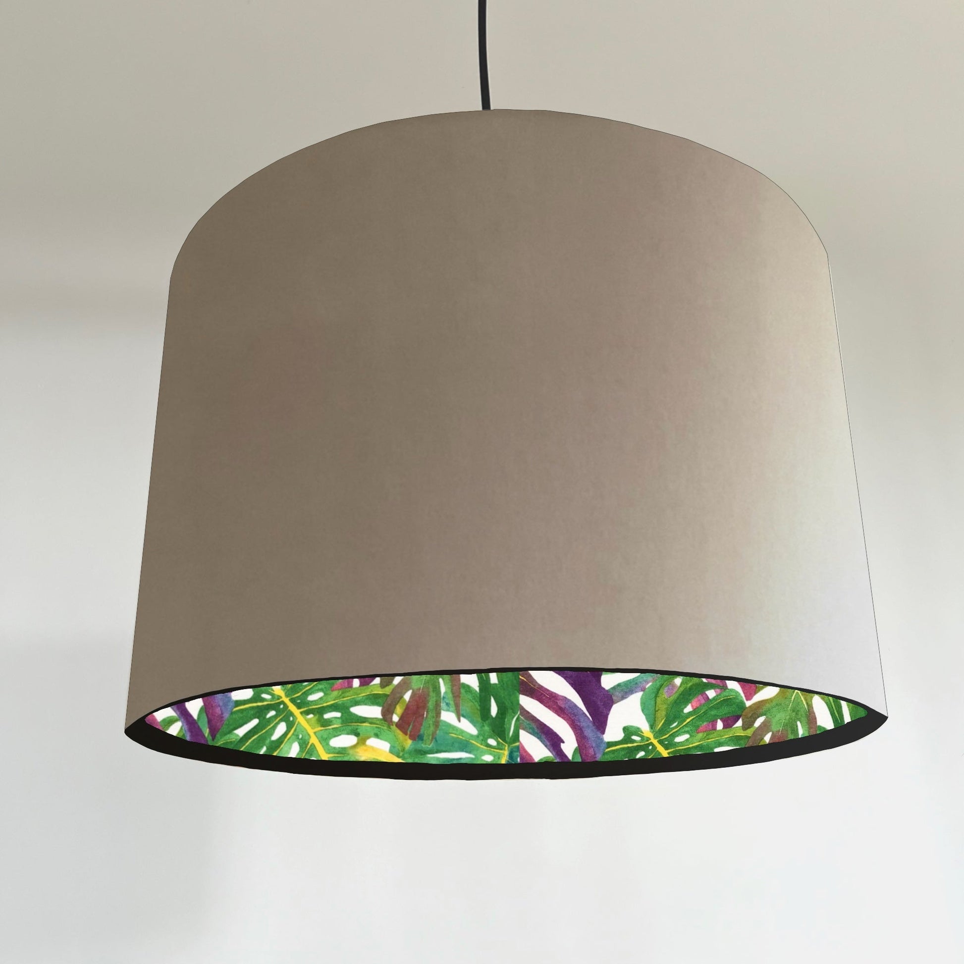 Cream velvet drum lampshade/ ceiling light shade with multicoloured leaves interior