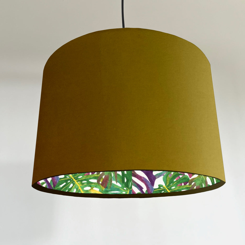 Mustard velvet drum lampshade/ ceiling light shade with multicoloured leaves interior