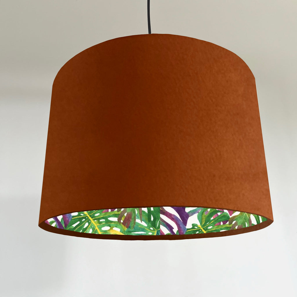 Burnt orange velvet drum lampshade/ ceiling light shade with multicoloured leaves interior