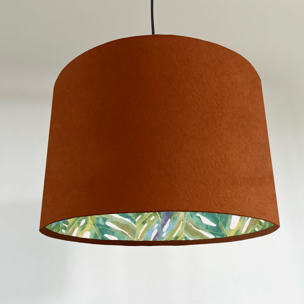 Burnt orange velvet drum lampshade/ ceiling light shade with leaves interior
