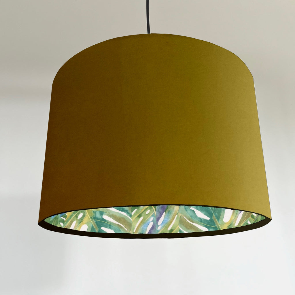 Mustard velvet drum lampshade/ ceiling light shade with leaves interior