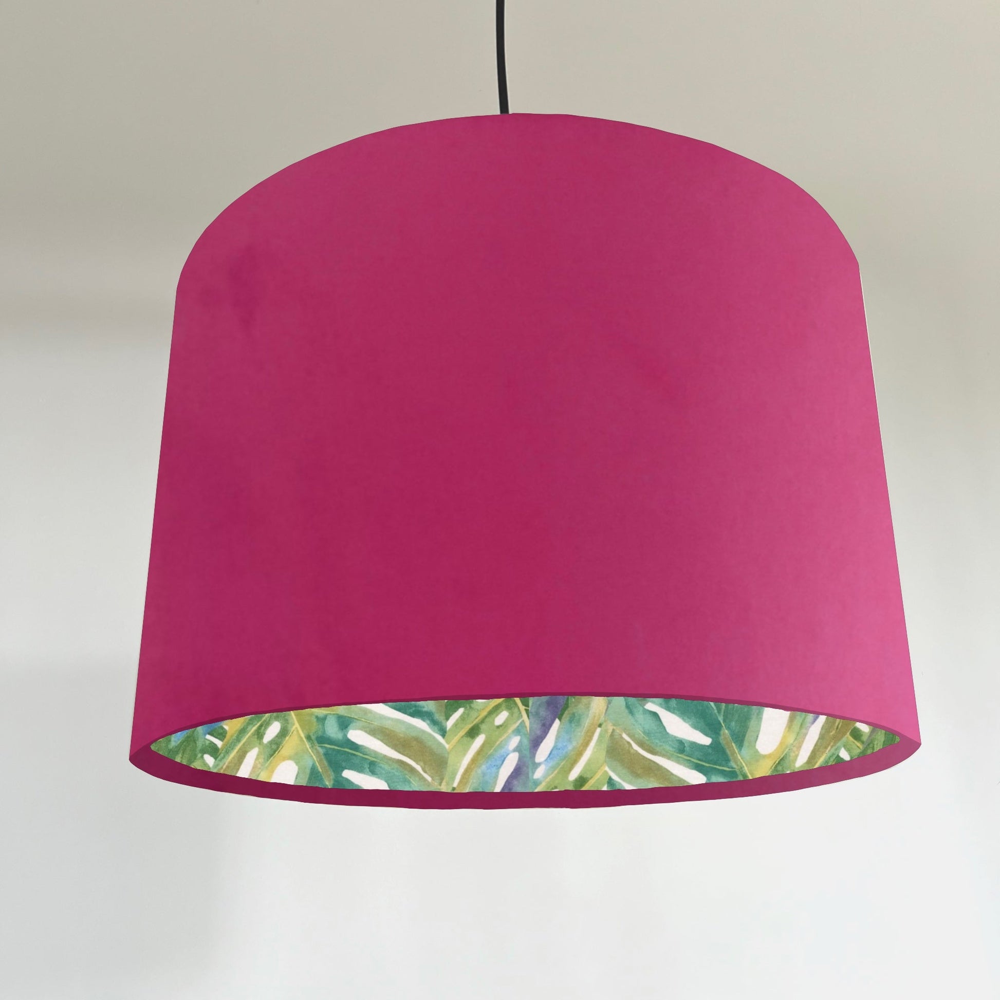 Hot Pink velvet drum lampshade/ ceiling light shade with leaves interior