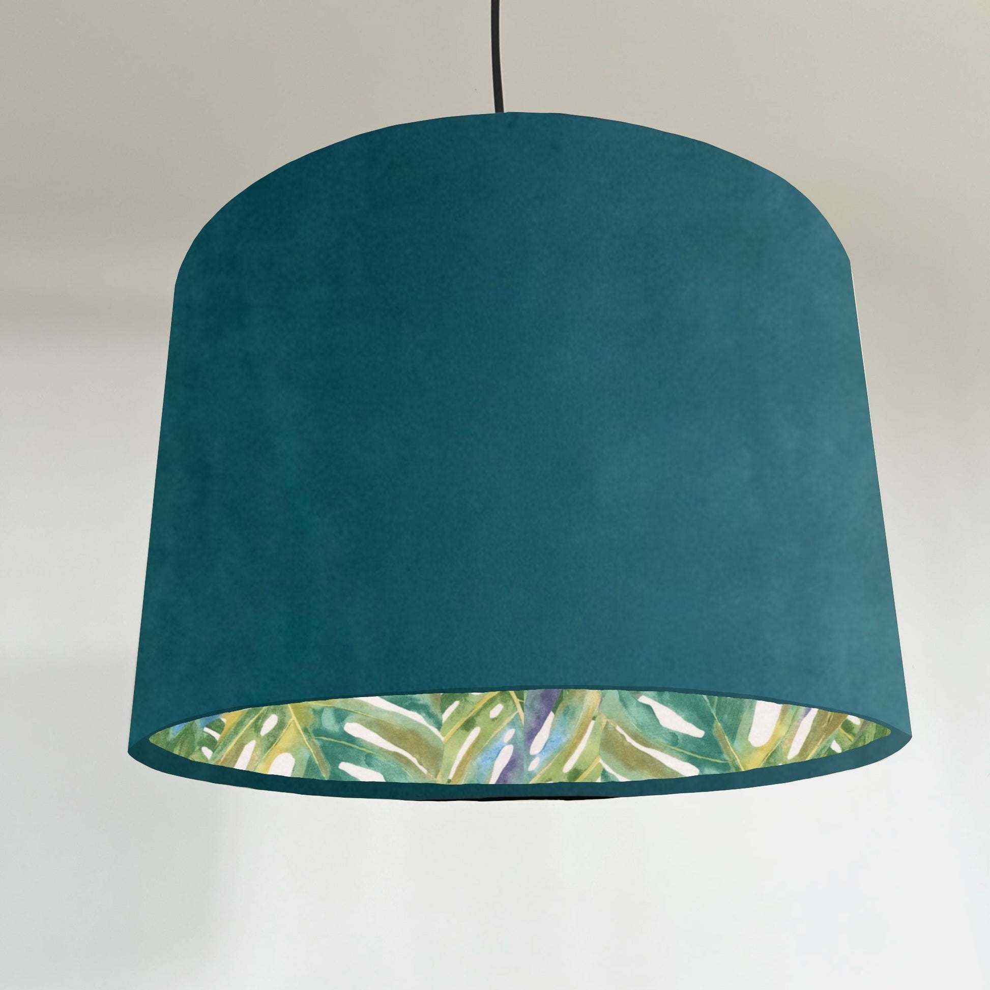 Teal velvet drum lampshade/ ceiling light shade with leaves interior
