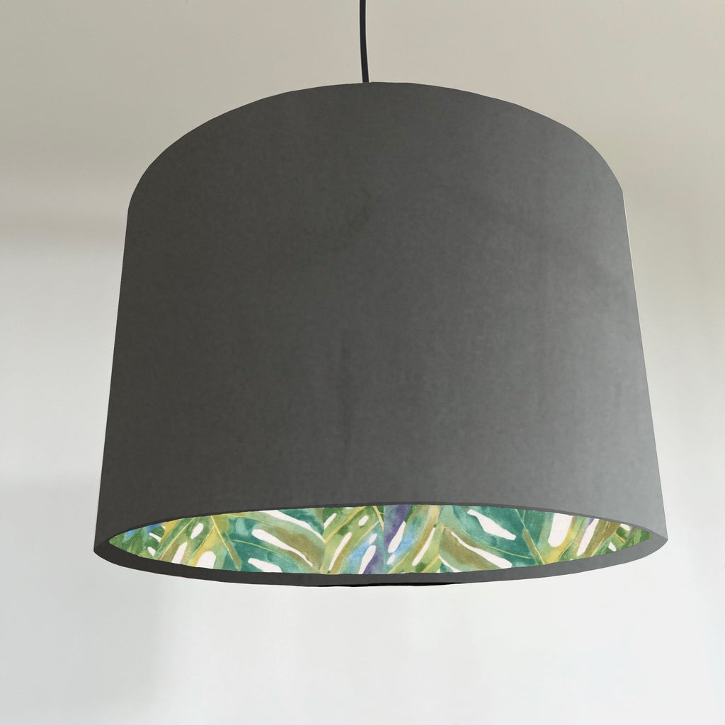Grey velvet drum lampshade/ ceiling light shade with leaves interior