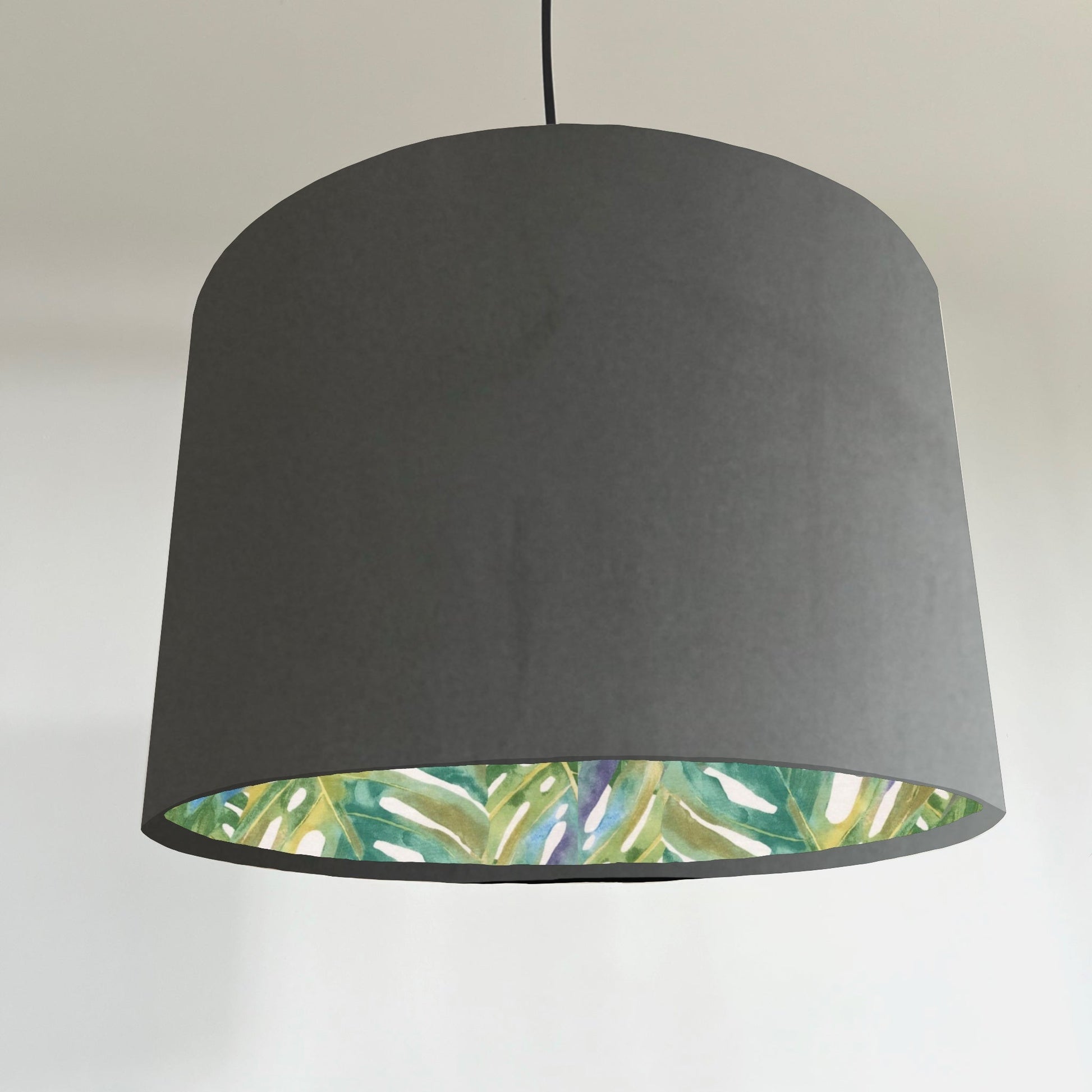 Grey velvet drum lampshade/ ceiling light shade with leaves interior