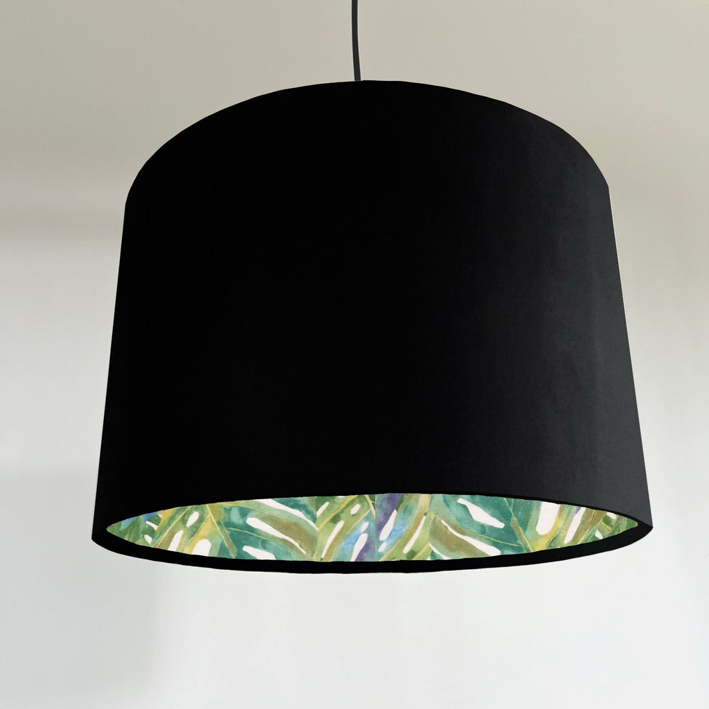Black velvet drum lampshade/ ceiling light shade with leaves interior
