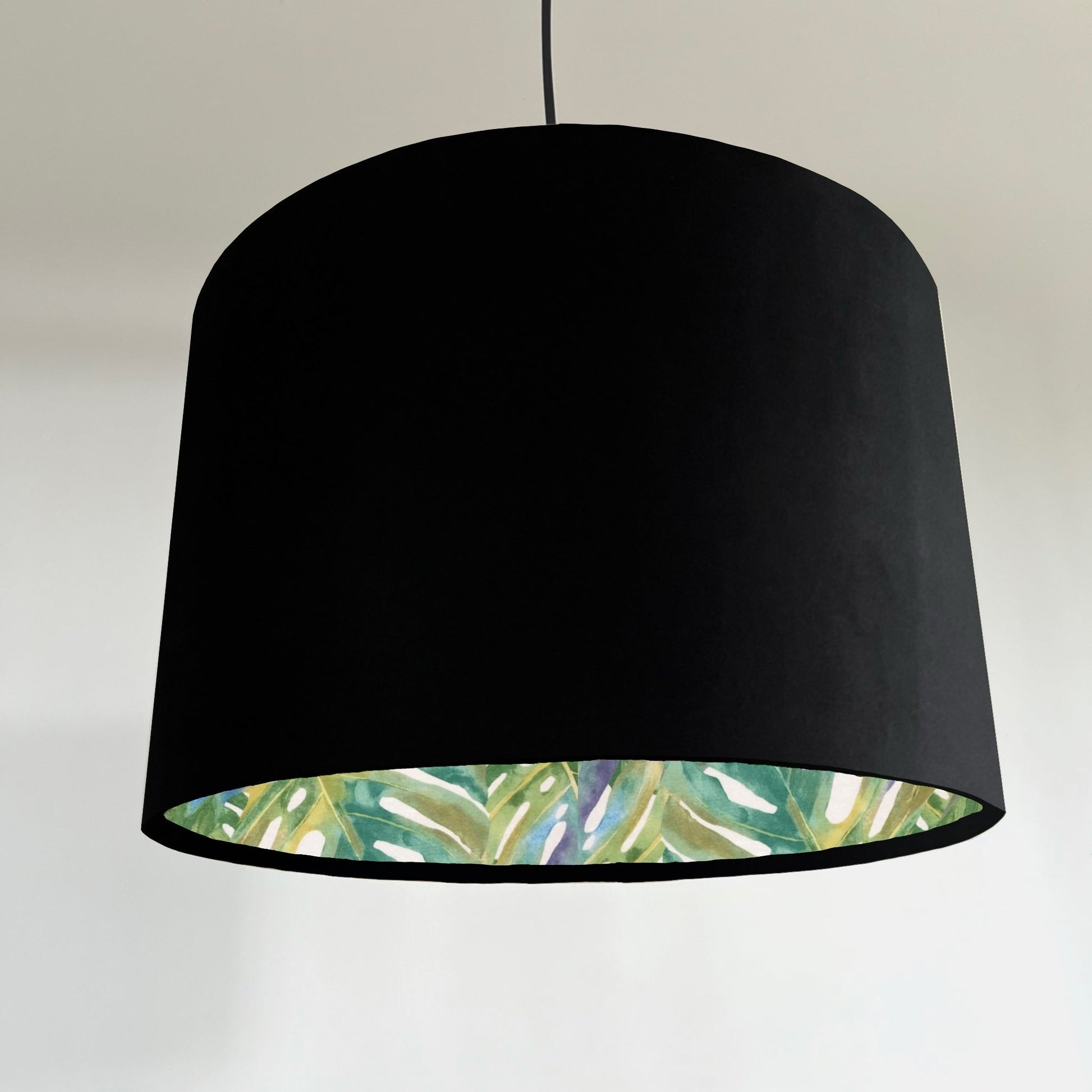 Black velvet drum lampshade/ ceiling light shade with leaves interior
