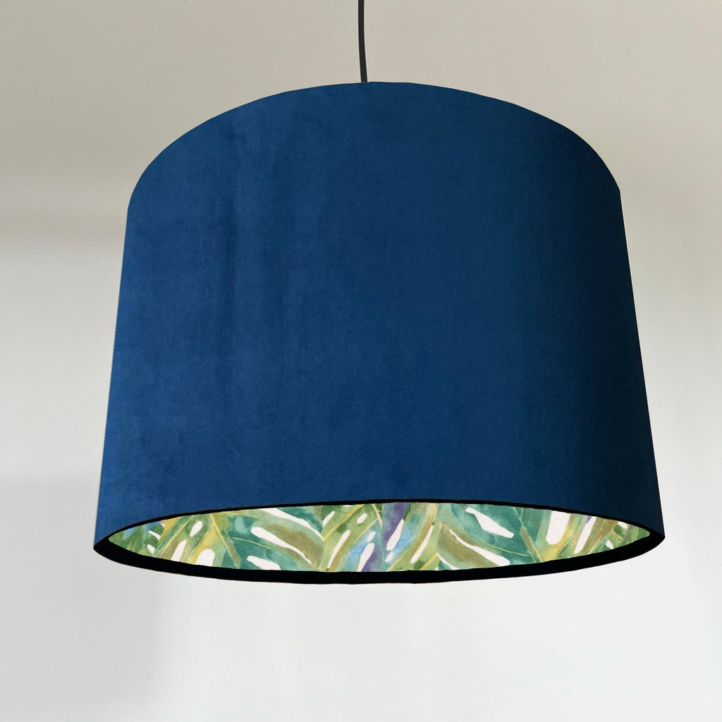 Navy velvet drum lampshade/ ceiling light shade with leaves interior