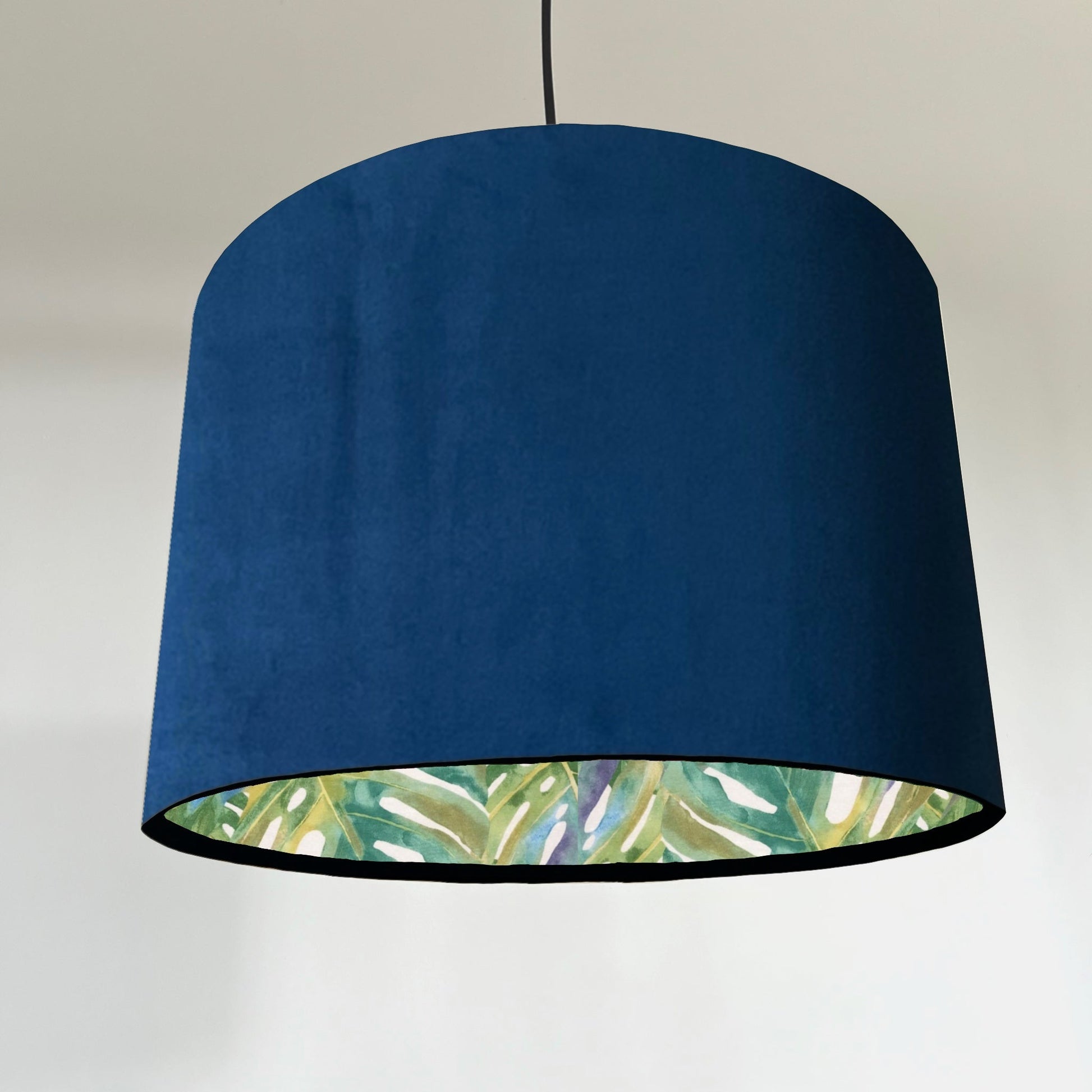 Navy velvet drum lampshade/ ceiling light shade with leaves interior