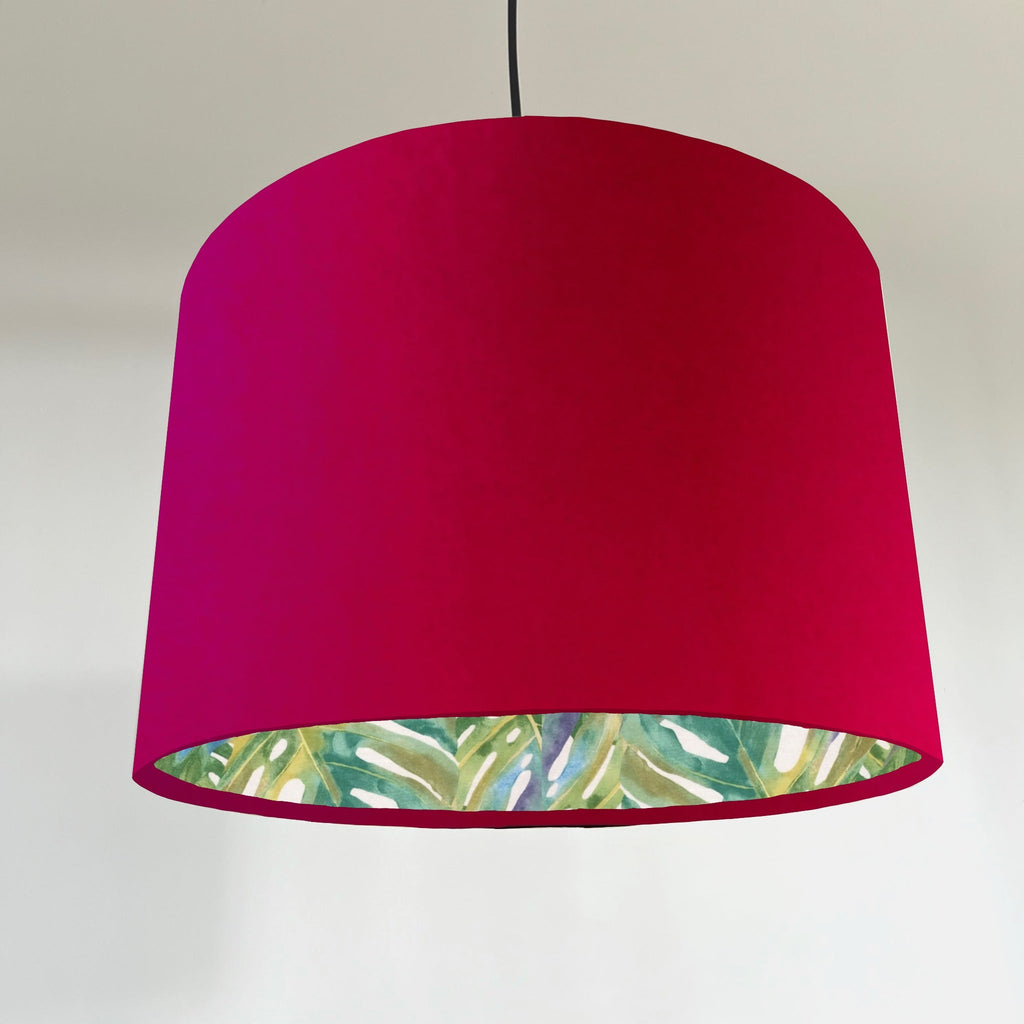 Cerise pink velvet drum lampshade/ ceiling light shade with leaves interior