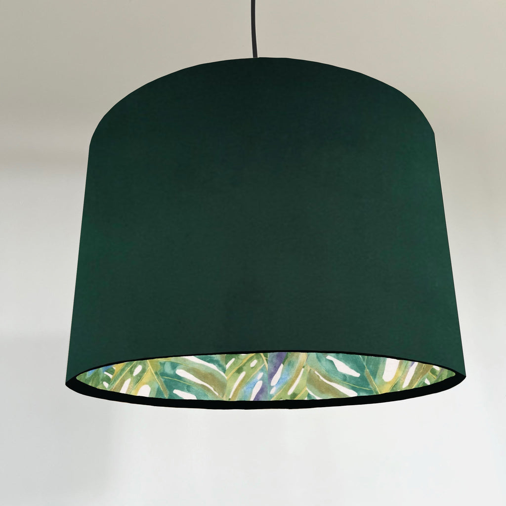 Green velvet drum lampshade/ ceiling light shade with leaves interior