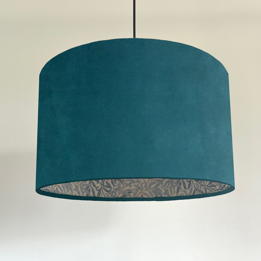 Teal velvet drum lampshade, double sided lampshade, with William Morris blue leaves cotton interior
